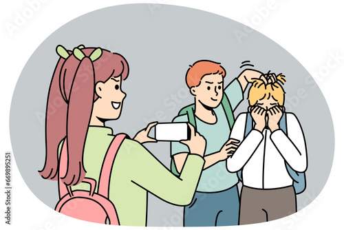 Schoolchildren torture their classmate, take pictures of it or shoot video on smartphone. Schoolboy suffers from bullying, physical abuse, violence at school. Mockery at college. Vector illustration.
