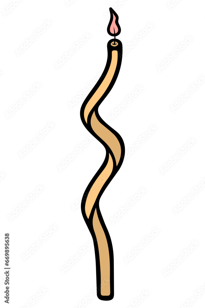 Candle. The flame is wriggling. Burning candle in the form of a yellow spiral. Decoration for a birthday cake. Color vector illustration. Cartoon style. Isolated background. Idea for web design Candle. The flame is wriggling. Burning candle in the form of a yellow spiral. Decoration for a birthday cake. Color vector illustration. Cartoon style. Isolated background. Idea for web design