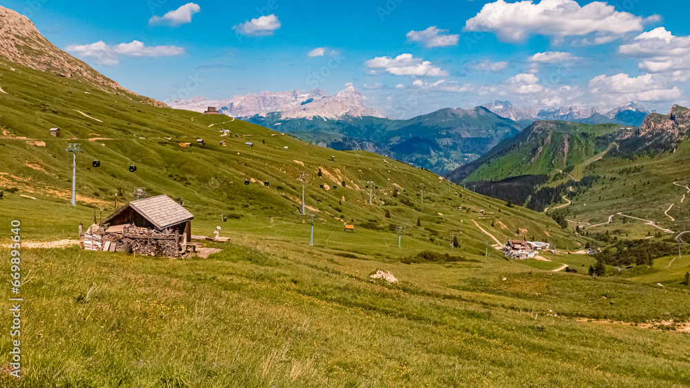 Alpine summer view near Passo Pordoi, Dolomites, Belluno, Trient, Italy