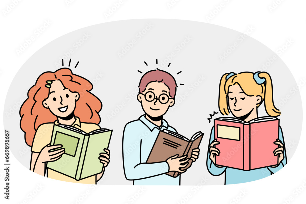 Curious children love to read paper books. Portraits of smart schoolchildren looking at open encyclopedias. Boy, girls hold textbook in hands. Vector outline colorful set isolated on white background. Curious children love to read paper books. Portraits of smart schoolchildren looking at open encyclopedias. Boy, girls hold textbook in hands. Vector outline colorful set isolated on white background.