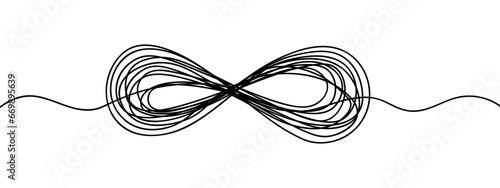Infinity sign made from doodles. Sketch. Hand drawn tangled symbol. Wavy threads along the edges of an abstract shape. Vector illustration. Doodle style. Carelessly wound in several layers of thread. 