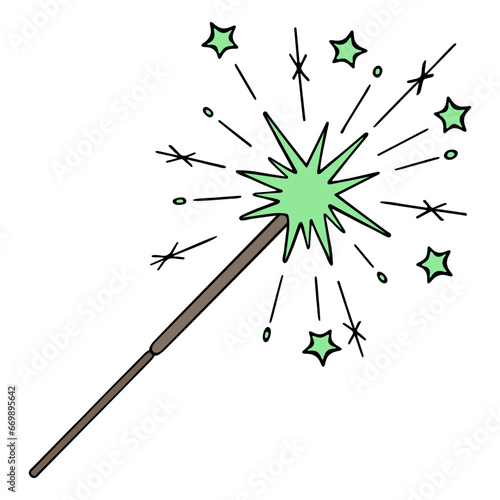Burning sparkler. From a lit fire, green sparks scatter in the form of stars. Pyrotechnics. Color vector illustration. Isolated background. Cartoon style. Attribute for celebrating a festive event. 