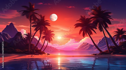 Beautiful see of detached tall coconut palm tree with colorful sunset sky establishment of tropical paradise island. Irrelevant summer vibe establishment with copy space