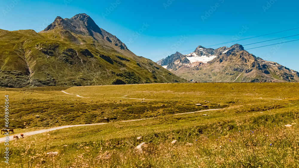 Alpine summer view at Sylvretta reservoir, Sylvretta-High-Alps-Street, Bielerhoehe, Vorarlberg, Tyrol, Austria