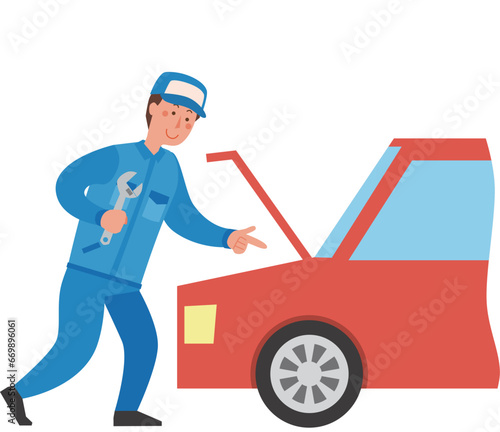 車の修理をする作業員男性
