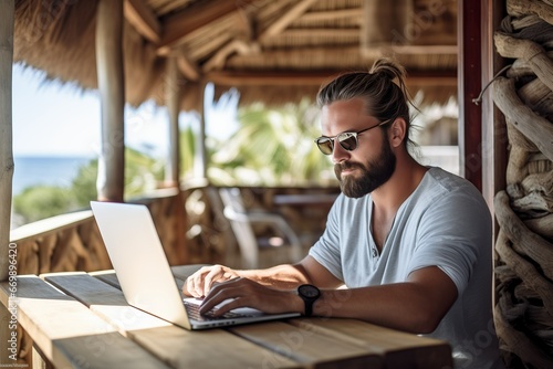 Man working remotely on his computer in a wooden cabin in a tropical location photo