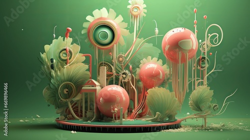 3d rendering green foundation pink green gold geometric shape theoretical still life scene