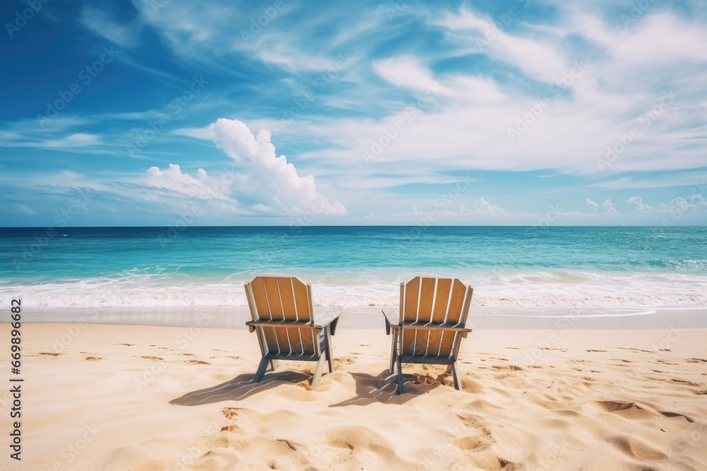 Two wooden deck chairs on sandy beach with turquoise sea and blue sky background Two wooden deck chairs on sandy beach with turquoise sea and blue sky background