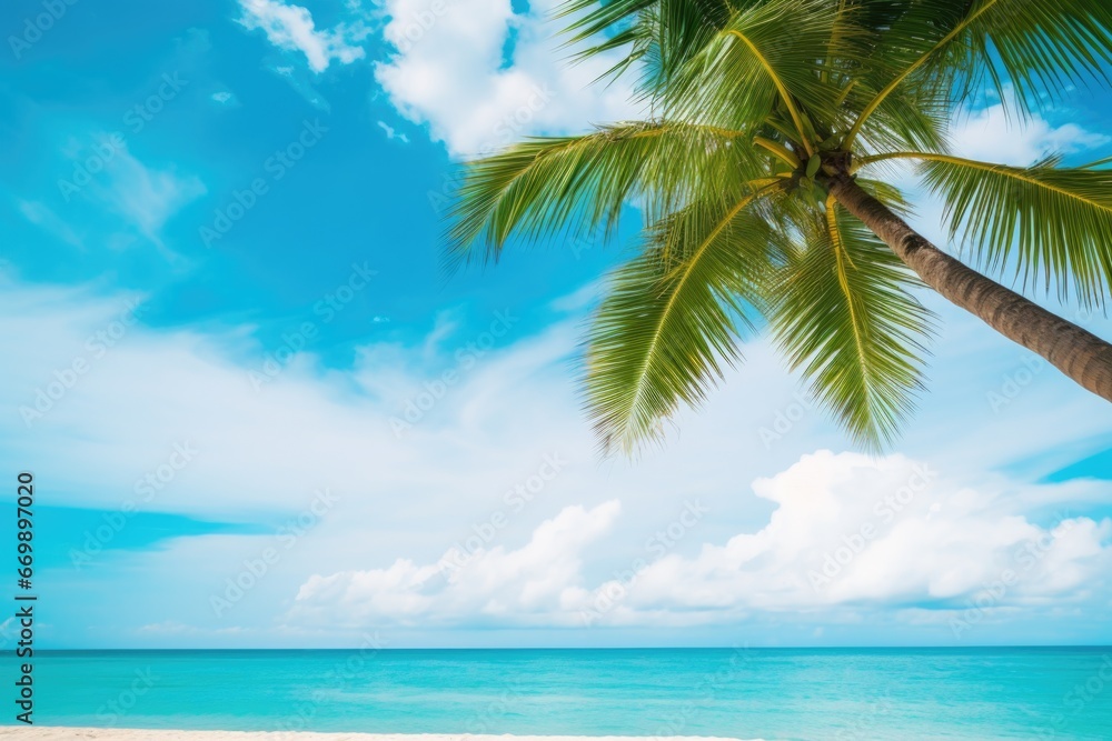 Coconut palm tree on tropical beach with blue sky and sea background
