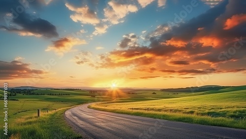 Summer rural landscape with winding road and grass at sunset.