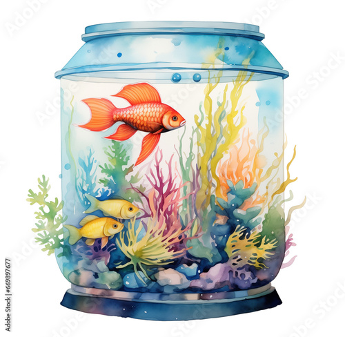 Watercolor aquarium with fish. Generative AI  png image.