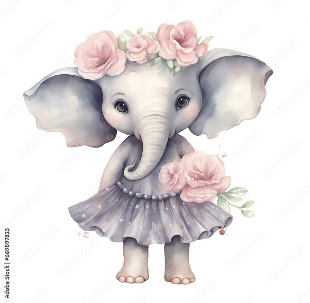 Watercolor cute baby elephant. Generative AI, png image.