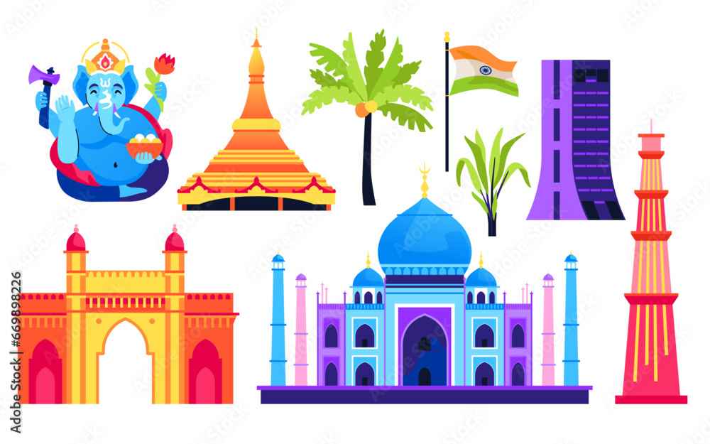 Welcome to India - flat design style objects set