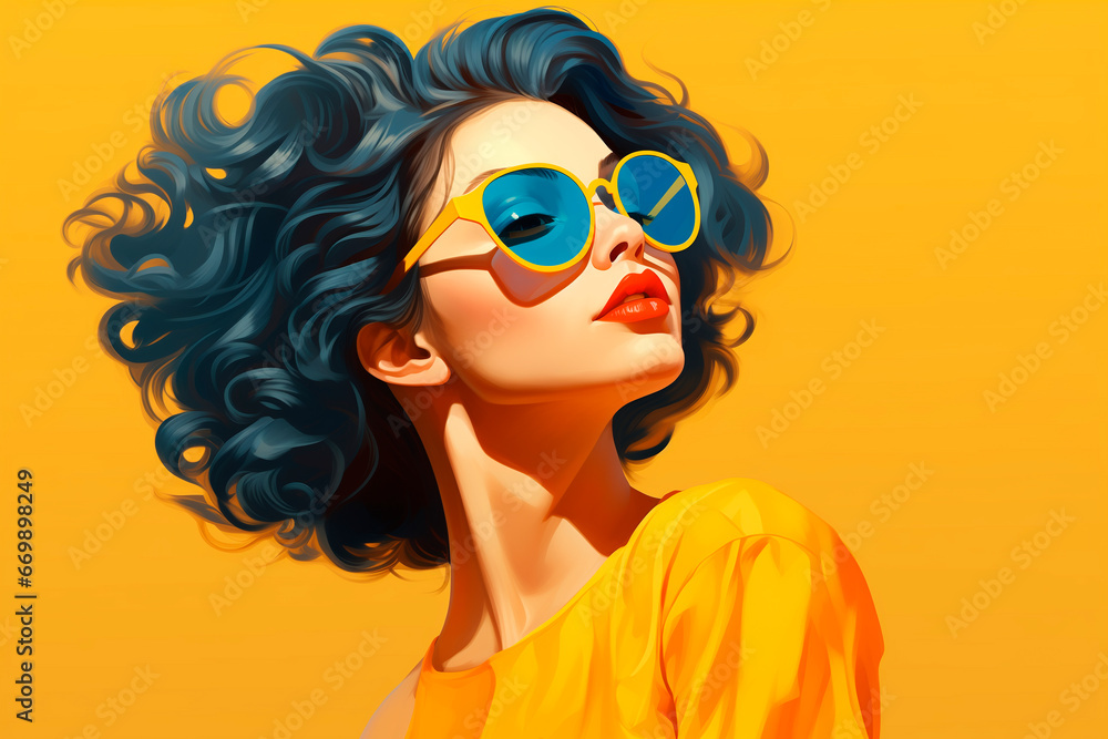 illustration of a young woman in her 30s wearing a yellow top on a yellow background. freedom, vitality, feminism. the power of today's woman