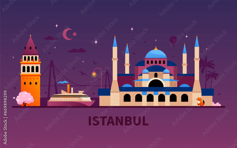 Night views of Istanbul - modern colored vector illustration