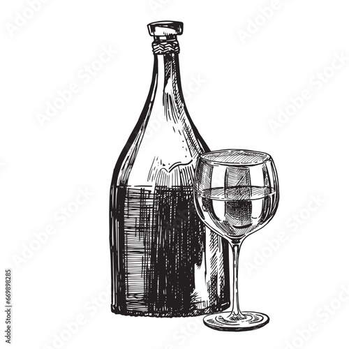 Hand drawn sketch of a bottle of whine with a glass of wine on a white background. Bottle of red, white, pink wine. Bottle of wine for a picnic