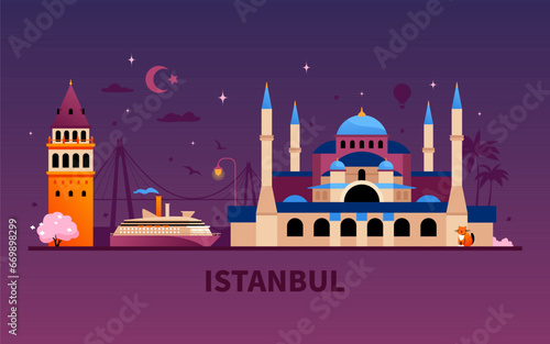 Canvas Print Night views of Istanbul - modern colored vector illustration