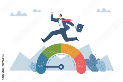 Dealing with fatigue and increasing employee freshness, Stress management and emotional regulation, Enthusiastic business people leap forward from depressed mood to a refreshing level. Vector design.