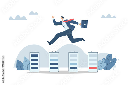 Dealing with fatigue and increasing employee freshness, Motivation or enthusiasm concept, Enthusiastic business people leapfrog battery fatigue into high energy levels. Vector design illustration.