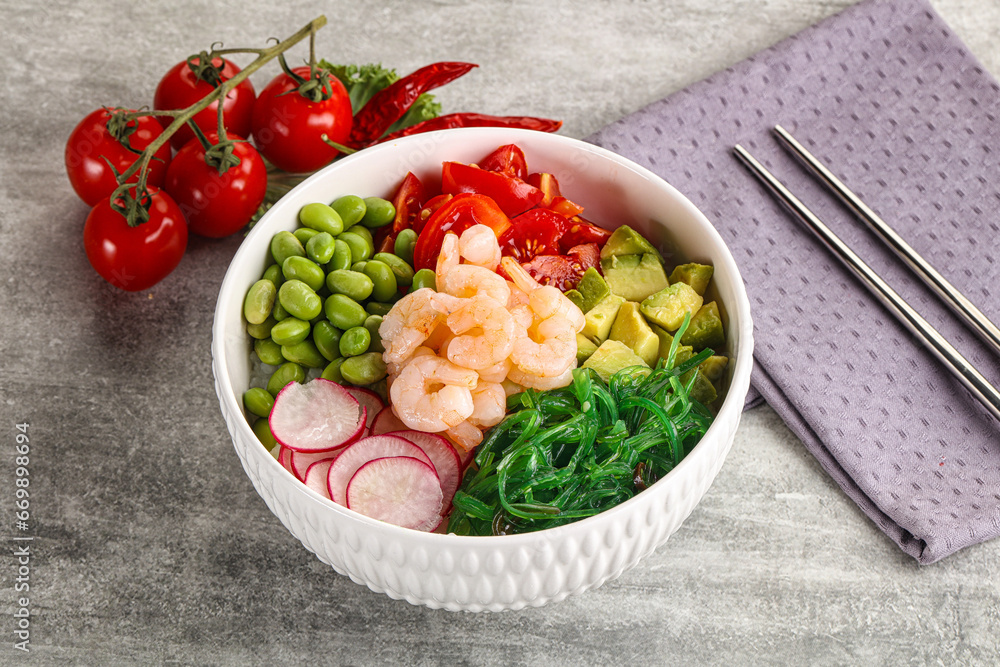 Hawaian cuisine - Poke with cocktail shrimps Hawaian cuisine - Poke with cocktail shrimps