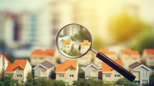 I am looking for a new house to buy. Housing rental market. A magnifying glass near a residential building. Generative AI photo
