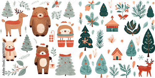 Set of cute Christmas illustrations in beautiful colors on a white background.