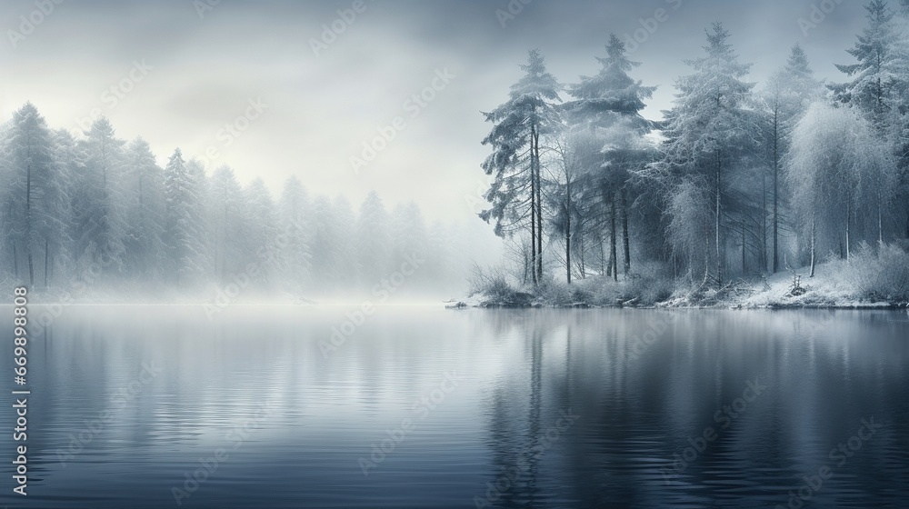 Fototapeta premium Winter landscape photo with pine forest mist and a lake
