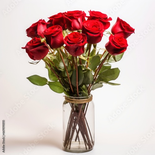 A bouquet of red roses in a glass jar isolated on a white background.