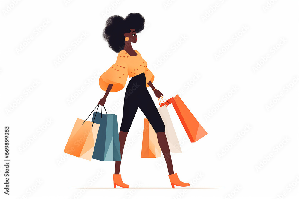 woman with shopping bag. Happy lady in modern style on white isoltated background. Female character. Sale