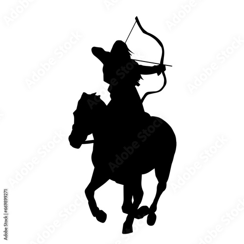 Silhouette of a female warrior with archery weapon in action pose on horseback
