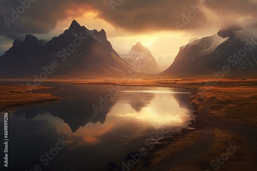 Stunning Icelandic scene of a lake and mountains. Generative AI