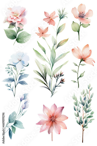 flowers tree braches set collection watercolor clipart isolated on white background