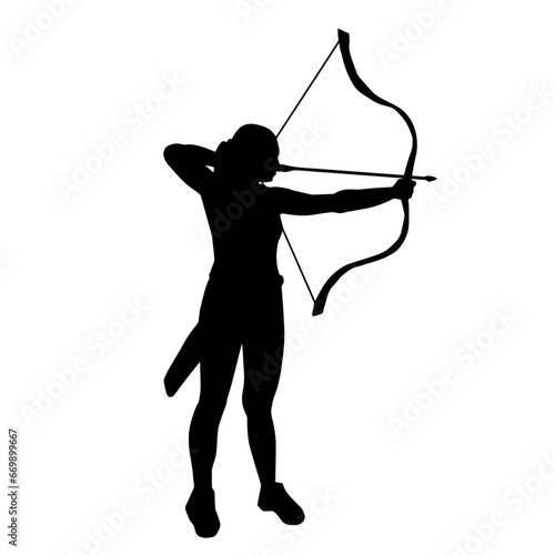 Silhouette of a female archer in action pose with arrow and bow weapon.
