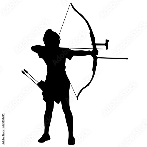 Silhouette of a female archer in action pose with arrow and bow weapon.