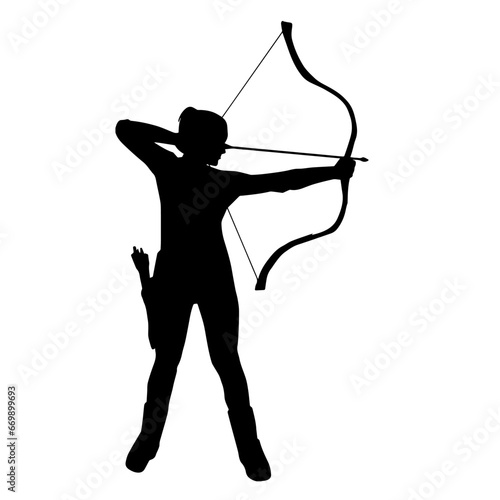 Silhouette of a female archer in action pose with arrow and bow weapon.