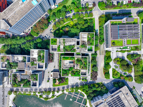 Aerial photography of green city, ecological city, livable environment, many green plants planted on the roof