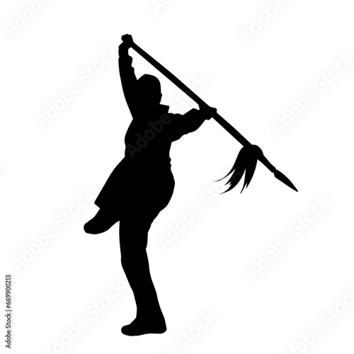 Silhouette of a female fighter in action pose with spear weapon.