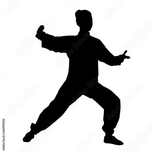 Silhouette of a female martial art person in action pose. Silhouette of a woman fighter in martial art pose.