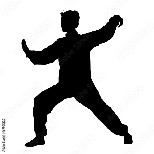 Silhouette of a female martial art person in action pose. Silhouette of a woman fighter in martial art pose.
