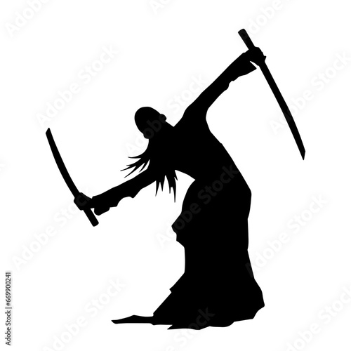 Silhouette of a female warrior in action pose with sword weapon. Silhouette of a woman fighter carrying sword weapon.