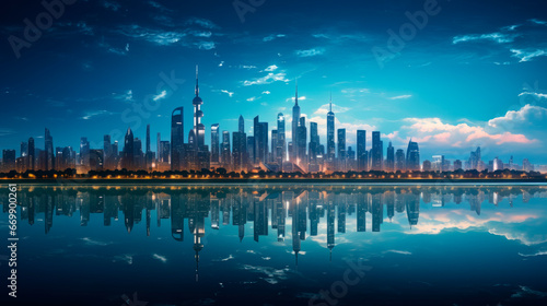 Sparkling city skyline reflected in a glassy lake, smart city