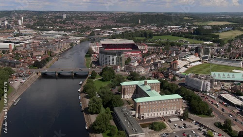 Drone view of River Trent and Nottingham, England on sunny afternoon.