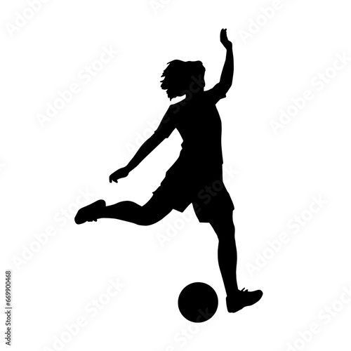 Silhouette of a female soccer player in action pose. Silhouette of a woman playing football sport.