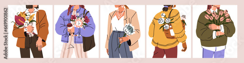 Girls holding flowers, modern cards set. Young fashion stylish women with beautiful floral bouquets. Spring blossomed plants, romantic blooms in hands. Trendy flat graphic vector illustrations