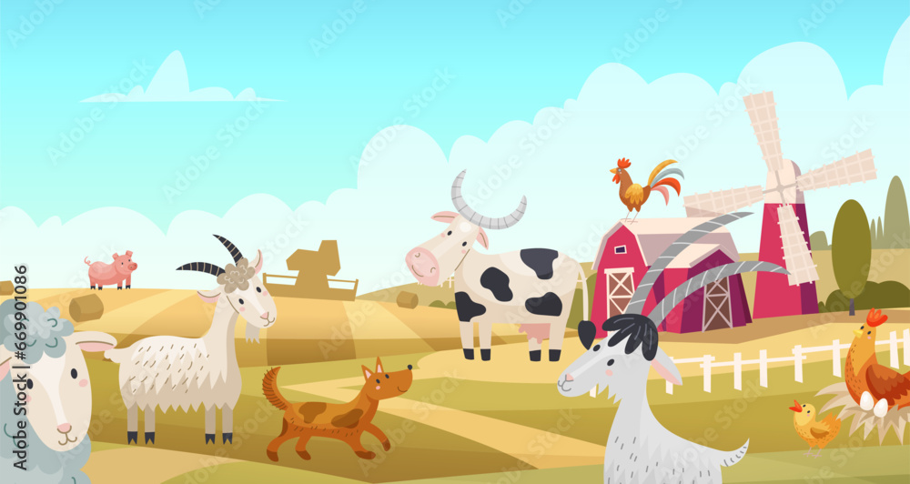 Farm background. Landscape with domestic animals walking on village field geese ducks cows pigs. Vector colored template