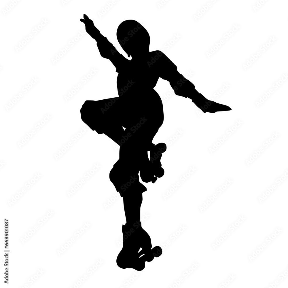 Silhouette of young woman in pose on roller blade. Silhouette of a slim female in action pose on roller wheels. Silhouette of young woman in pose on roller blade. Silhouette of a slim female in action pose on roller wheels.