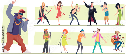 Singers. People male and female performers with microphone singing exact vector illustrations in cartoon style