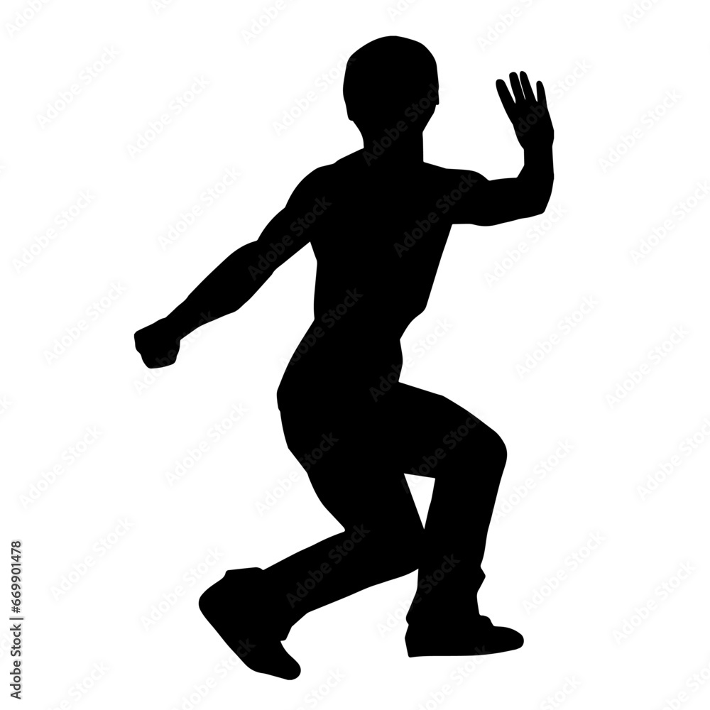 Silhouette of a man in oriental martial art pose. Silhouette of a male in martial art move. Silhouette of a man in oriental martial art pose. Silhouette of a male in martial art move.