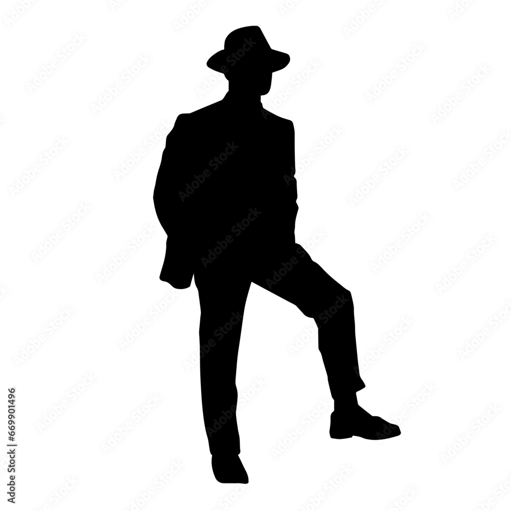 Silhouette of a gentleman in a suit costume wearing fedora hat