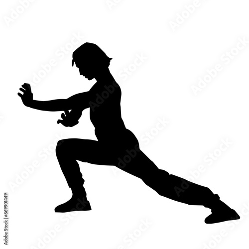 Silhouette of a man in oriental martial art pose. Silhouette of a male in martial art move.